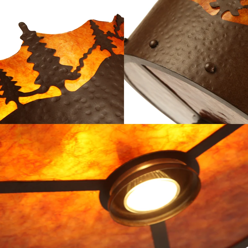 Bruine kroonluchter met 3 lampen Rustieke metalen trommelhanglamp met bomenpatroon Clearhalo