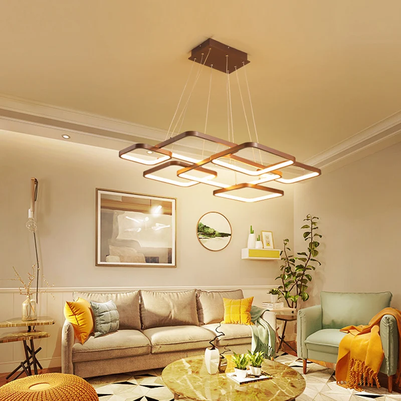 Bruine kroonluchter met 4/5 niveaus, verlichting eenvoud, acryl vierkante LED-plafondhanger warm/wit licht Clearhalo