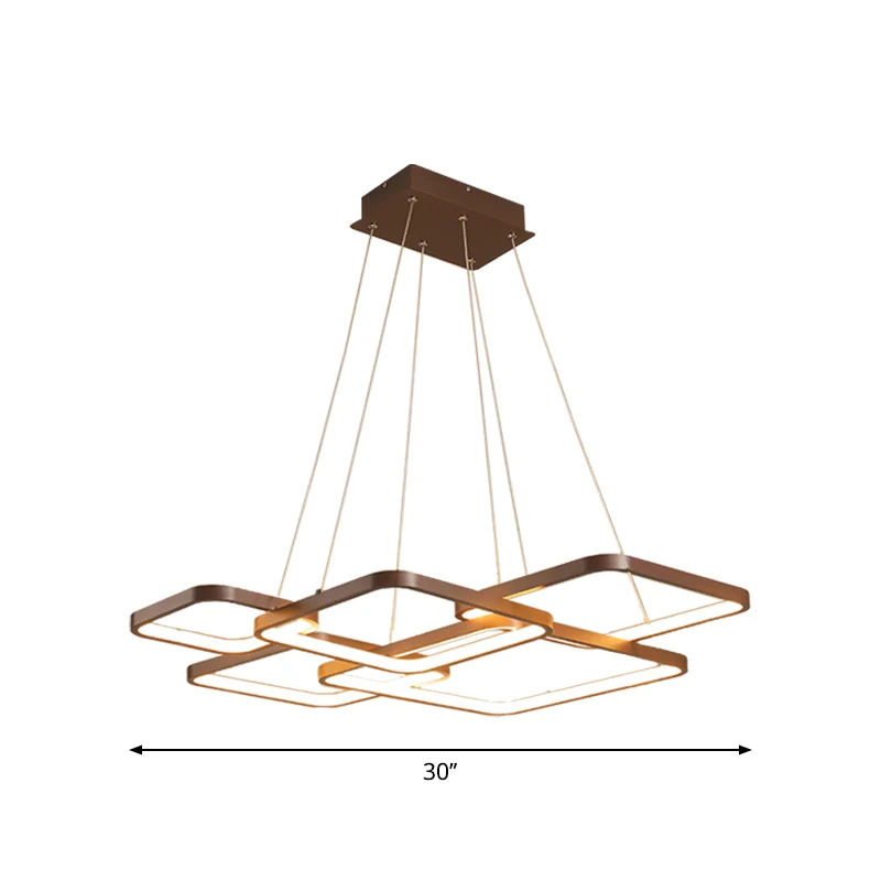 Bruine kroonluchter met 4/5 niveaus, verlichting eenvoud, acryl vierkante LED-plafondhanger warm/wit licht Clearhalo
