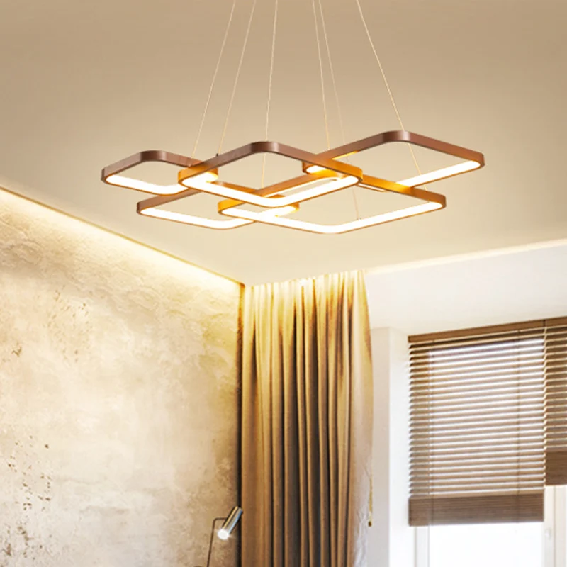 Bruine kroonluchter met 4/5 niveaus, verlichting eenvoud, acryl vierkante LED-plafondhanger warm/wit licht Clearhalo