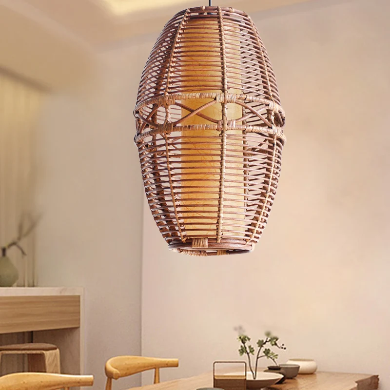 Bruine Lantaarn Hanglamp Azië 1 Lamp Bamboe Hanglamp met Binnenbuis Perkament kap Clearhalo