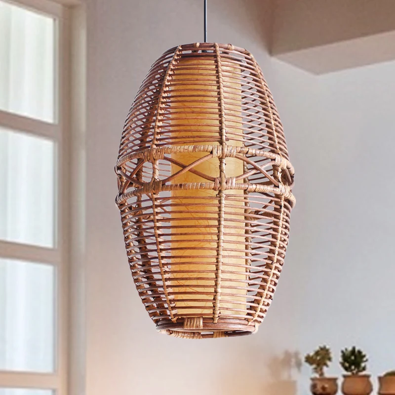 Bruine Lantaarn Hanglamp Azië 1 Lamp Bamboe Hanglamp met Binnenbuis Perkament kap Clearhalo