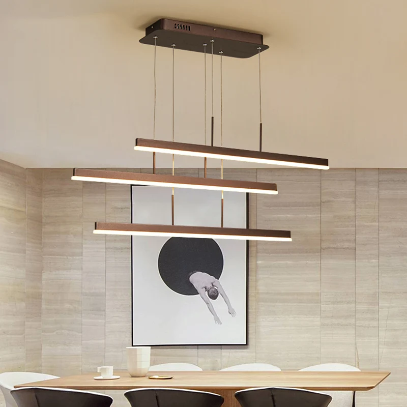 Bruine lineaire eilandkroonluchter moderne LED 3/5-lichts acryl hangende plafondlamp warm/wit licht Clearhalo