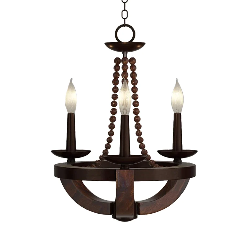 Bruine Open Bulb Empire Kroonluchter Licht Traditionele Stijl 3 Hoofden Houten Hanglamp met Kraal Deco Clearhalo