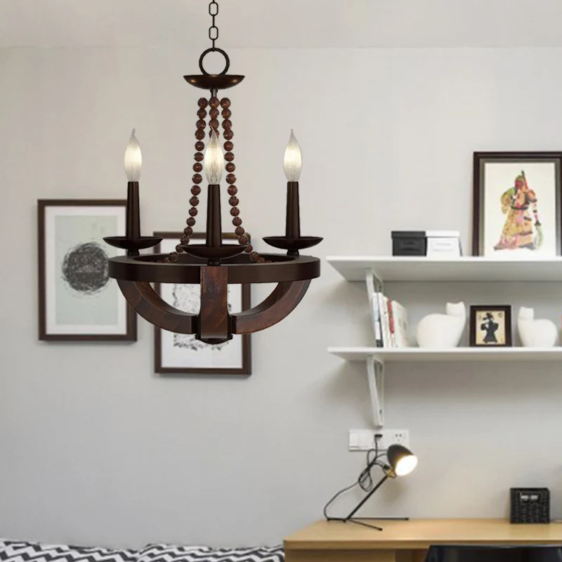 Bruine Open Bulb Empire Kroonluchter Licht Traditionele Stijl 3 Hoofden Houten Hanglamp met Kraal Deco Clearhalo