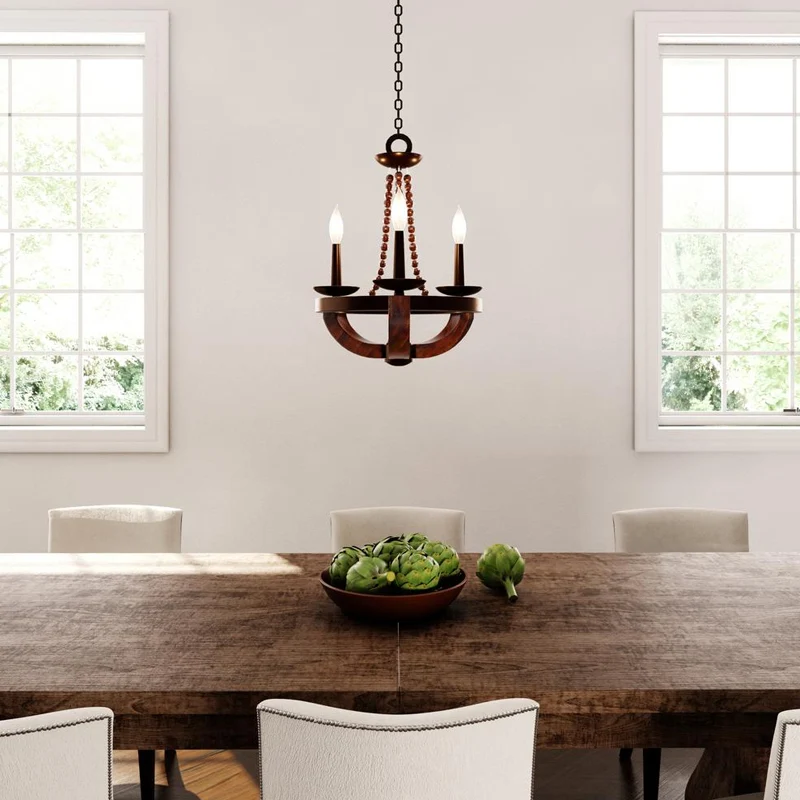 Bruine Open Bulb Empire Kroonluchter Licht Traditionele Stijl 3 Hoofden Houten Hanglamp met Kraal Deco Clearhalo