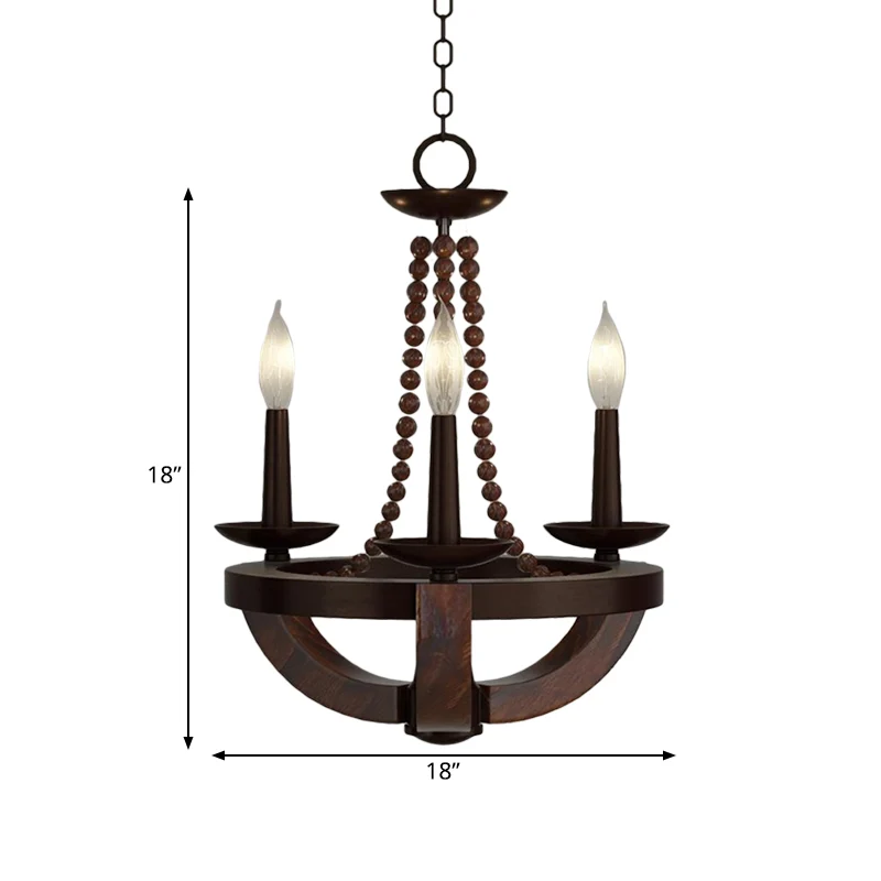 Bruine Open Bulb Empire Kroonluchter Licht Traditionele Stijl 3 Hoofden Houten Hanglamp met Kraal Deco Clearhalo