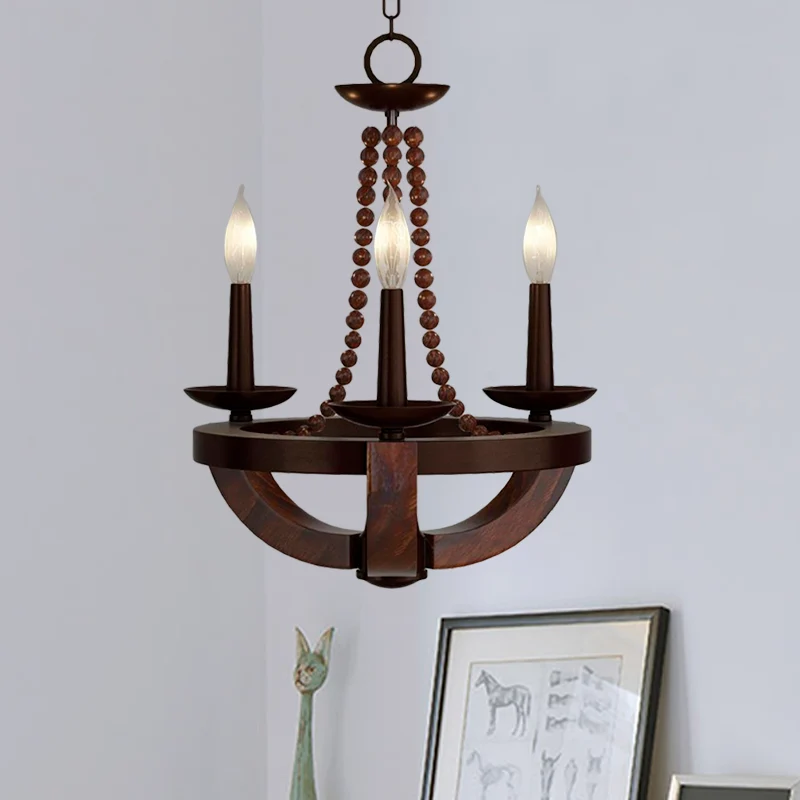 Bruine Open Bulb Empire Kroonluchter Licht Traditionele Stijl 3 Hoofden Houten Hanglamp met Kraal Deco Clearhalo