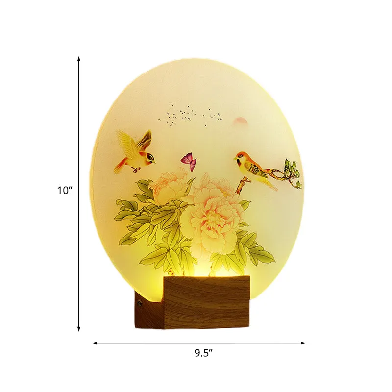 Bruine ronde bloesem- en vogelmuurschildering Licht Azië-stijl LED-acryl wandmontageverlichting voor slaapkamer Clearhalo