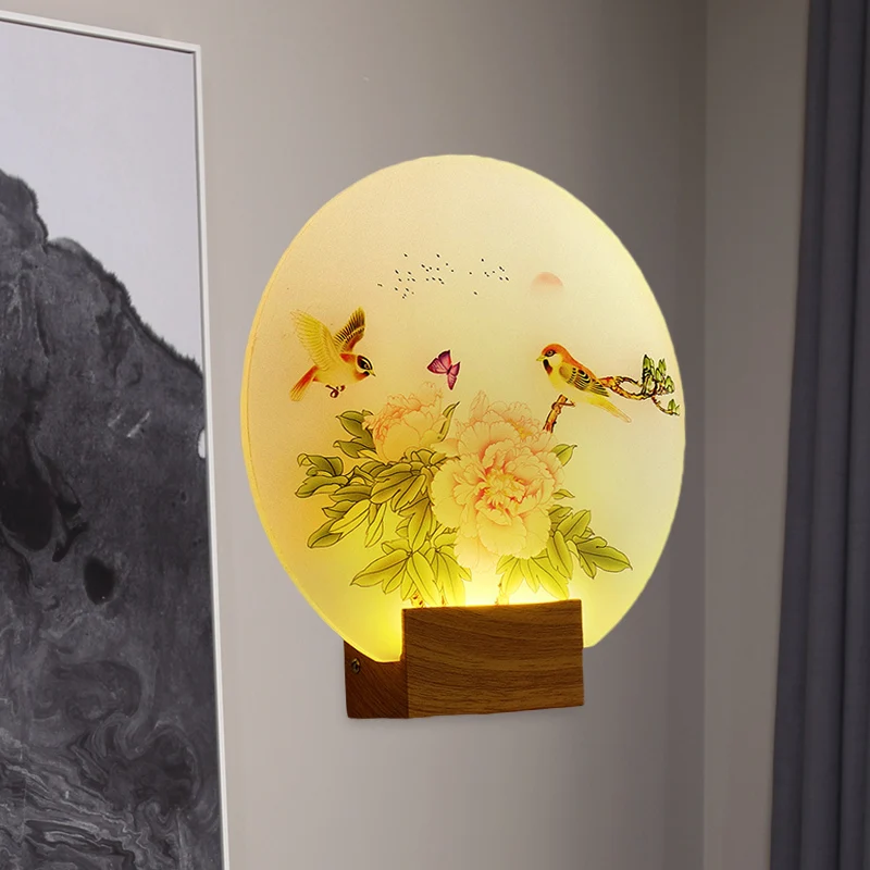 Bruine ronde bloesem- en vogelmuurschildering Licht Azië-stijl LED-acryl wandmontageverlichting voor slaapkamer Clearhalo