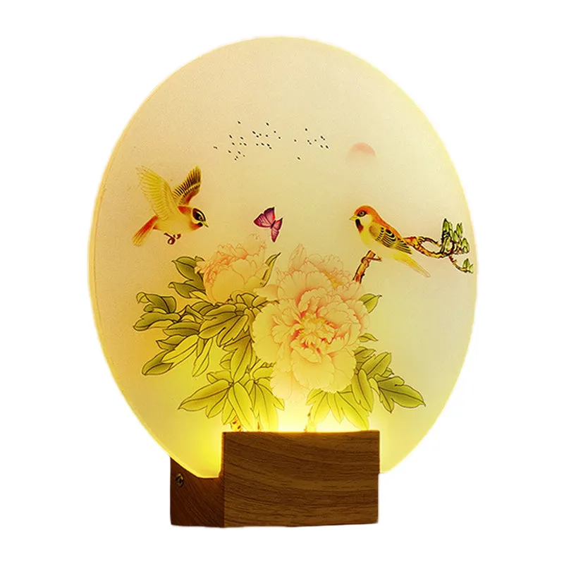 Bruine ronde bloesem- en vogelmuurschildering Licht Azië-stijl LED-acryl wandmontageverlichting voor slaapkamer Clearhalo