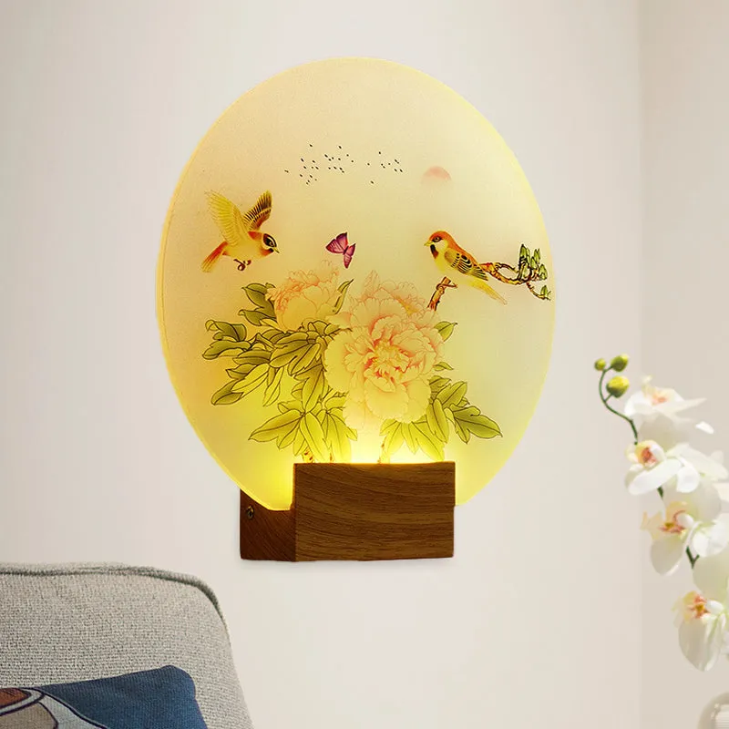 Bruine ronde bloesem- en vogelmuurschildering Licht Azië-stijl LED-acryl wandmontageverlichting voor slaapkamer Clearhalo