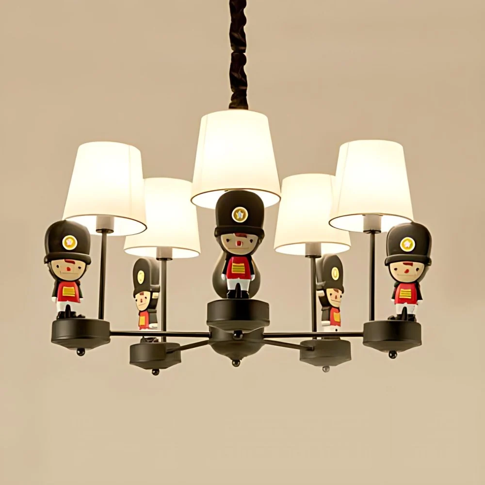 Bruine stoffen taps toelopende kroonluchter met cartoon man 6 lampen kinderhanglamp voor slaapkamer Clearhalo