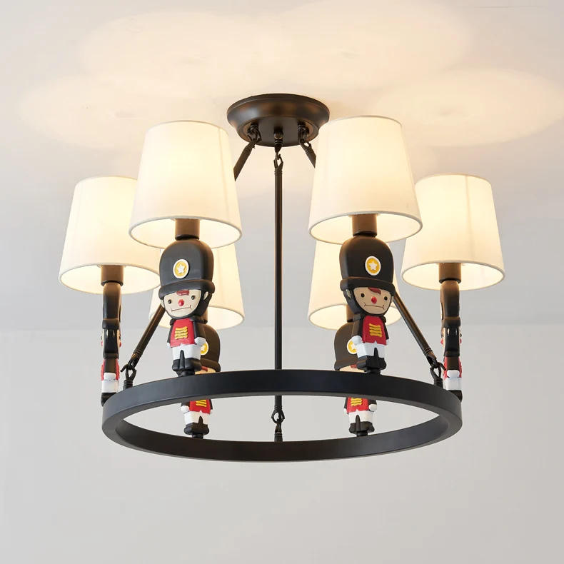 Bruine stoffen taps toelopende kroonluchter met cartoon man 6 lampen kinderhanglamp voor slaapkamer Clearhalo