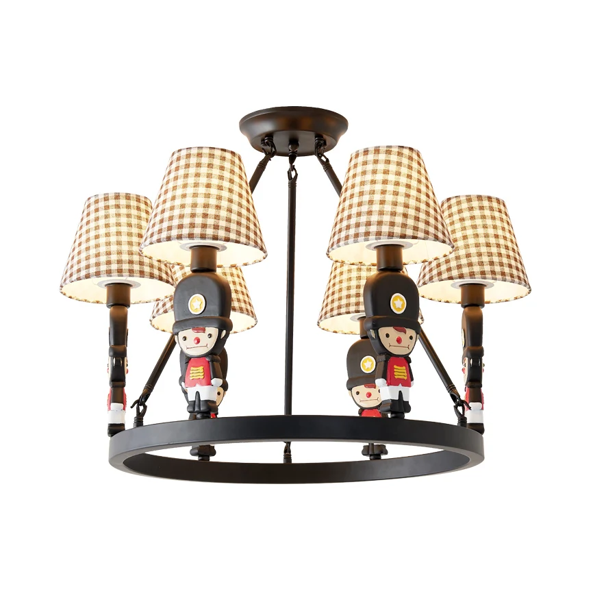 Bruine stoffen taps toelopende kroonluchter met cartoon man 6 lampen kinderhanglamp voor slaapkamer Clearhalo