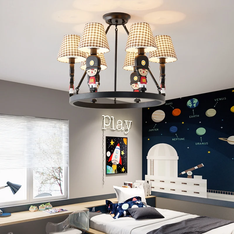 Bruine stoffen taps toelopende kroonluchter met cartoon man 6 lampen kinderhanglamp voor slaapkamer Clearhalo