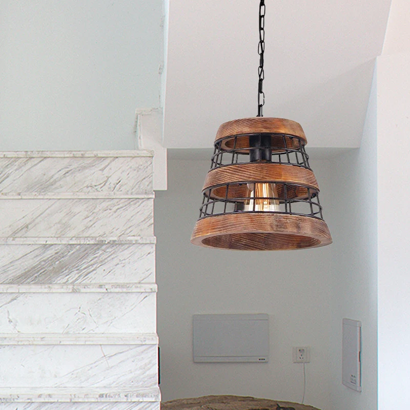 Bruine ton hanglamp vintage hout 1 licht eetkamer hangende plafondlamp met metalen kooi Clearhalo