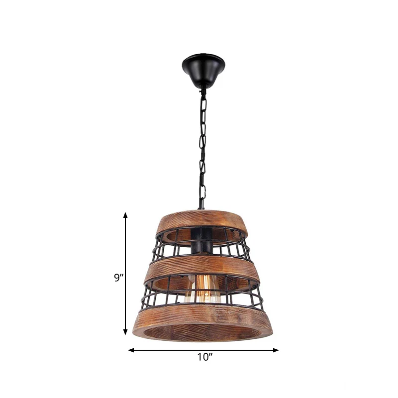 Bruine ton hanglamp vintage hout 1 licht eetkamer hangende plafondlamp met metalen kooi Clearhalo