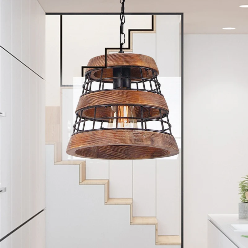 Bruine ton hanglamp vintage hout 1 licht eetkamer hangende plafondlamp met metalen kooi Clearhalo