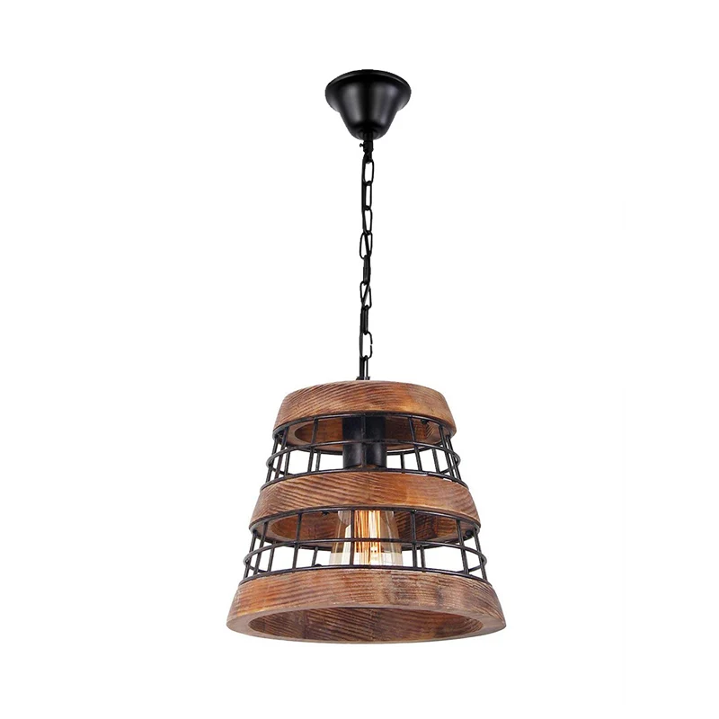 Bruine ton hanglamp vintage hout 1 licht eetkamer hangende plafondlamp met metalen kooi Clearhalo