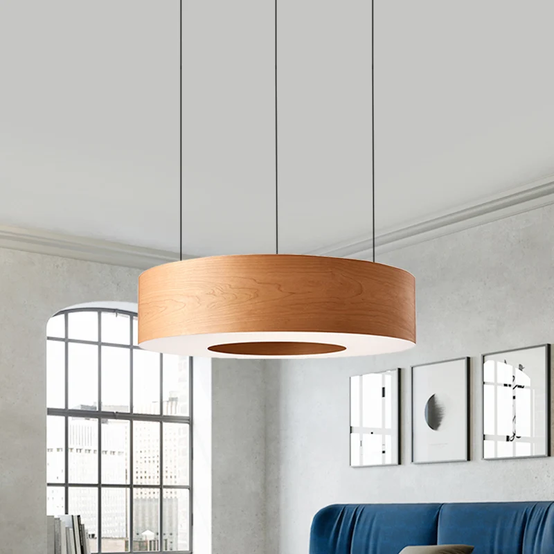 Bruine uitgeholde ronde LED-hanglamp Eenvoudige houten hangende plafondlamp voor restaurant Clearhalo