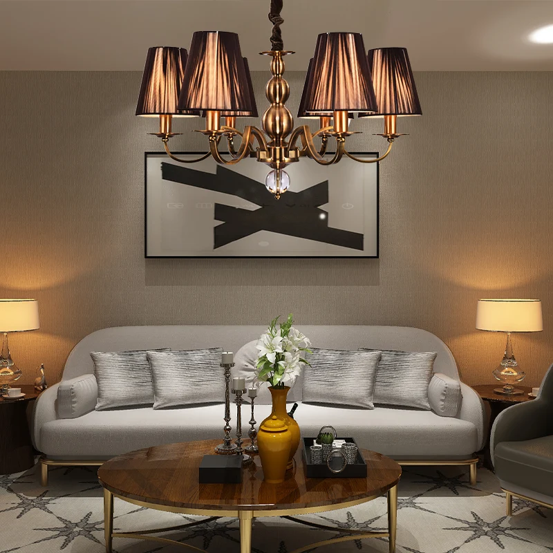 Bruine verzamelde stoffen schaduw kroonluchterlamp Vintage stof 6/8 lichten woonkamer hanglamp Clearhalo