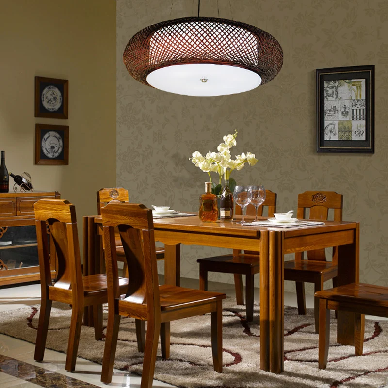 Bruin/houten handbewerkte hanglamp met trommelkap Aziatische 1-lichts bamboe hanglamp voor eetkamer Clearhalo