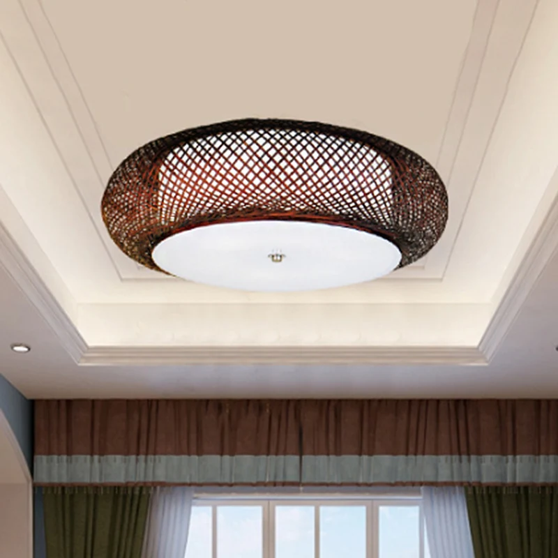 Bruin/houten handbewerkte hanglamp met trommelkap Aziatische 1-lichts bamboe hanglamp voor eetkamer Clearhalo