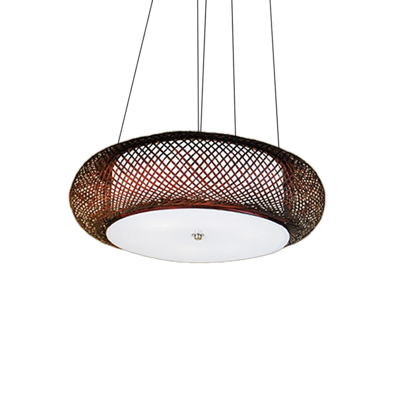 Bruin/houten handbewerkte hanglamp met trommelkap Aziatische 1-lichts bamboe hanglamp voor eetkamer Clearhalo