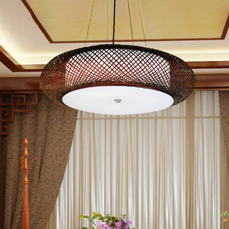 Bruin/houten handbewerkte hanglamp met trommelkap Aziatische 1-lichts bamboe hanglamp voor eetkamer Clearhalo