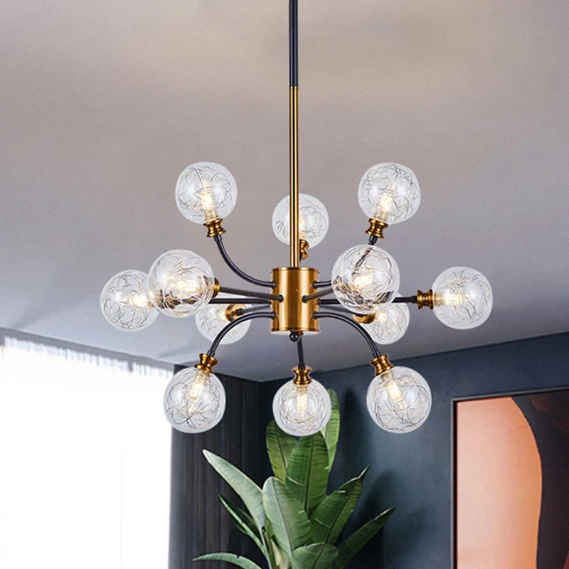 Bubble hangende verlichtingspaal moderne helder glas 12/16-licht zwart en goud plafondkroonluchter met ronde arm Clearhalo