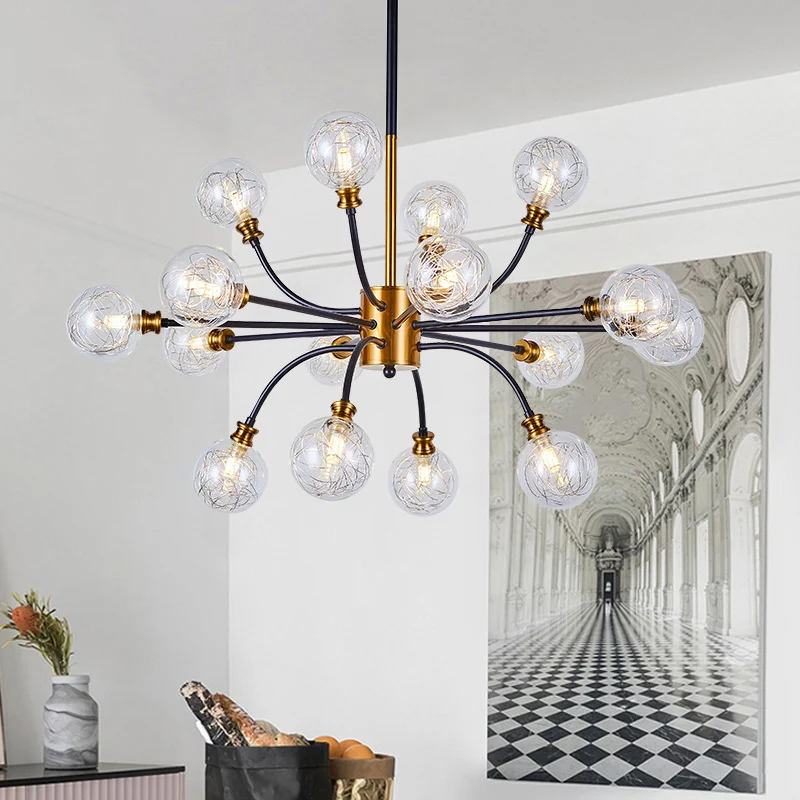 Bubble hangende verlichtingspaal moderne helder glas 12/16-licht zwart en goud plafondkroonluchter met ronde arm Clearhalo