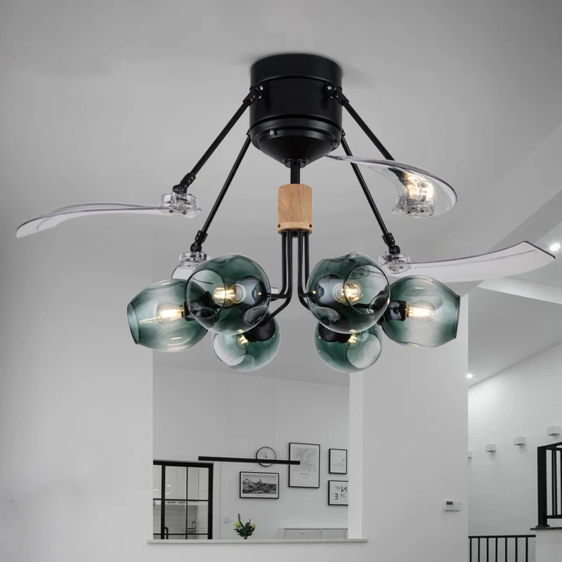 48" W Bud plafondventilator licht modernistisch groen ingedeukt glas 6 lampen zwarte semi-inbouwlamp met 3 heldere bladen...