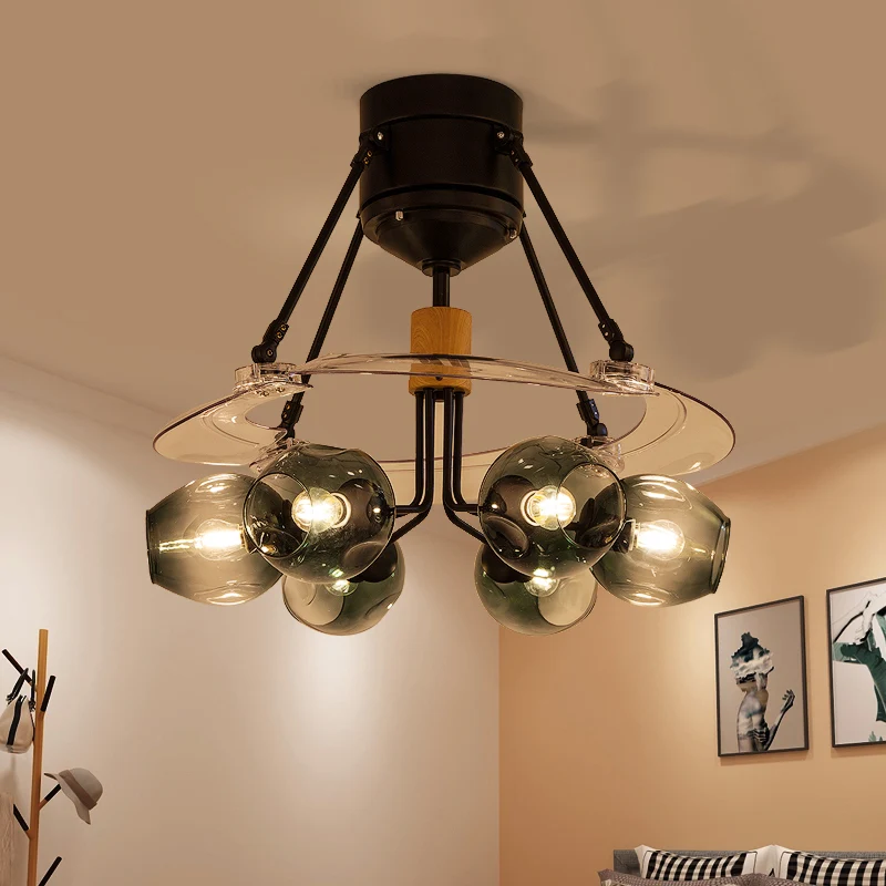 48" W Bud plafondventilator licht modernistisch groen ingedeukt glas 6 lampen zwarte semi-inbouwlamp met 3 heldere bladen...