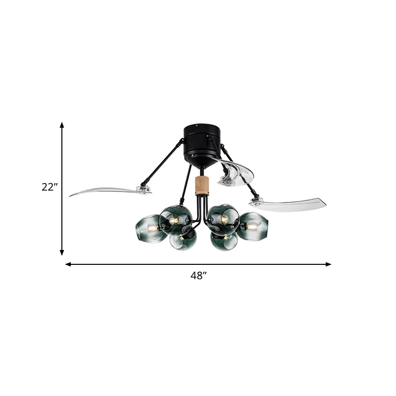 48" W Bud plafondventilator licht modernistisch groen ingedeukt glas 6 lampen zwarte semi-inbouwlamp met 3 heldere bladen...