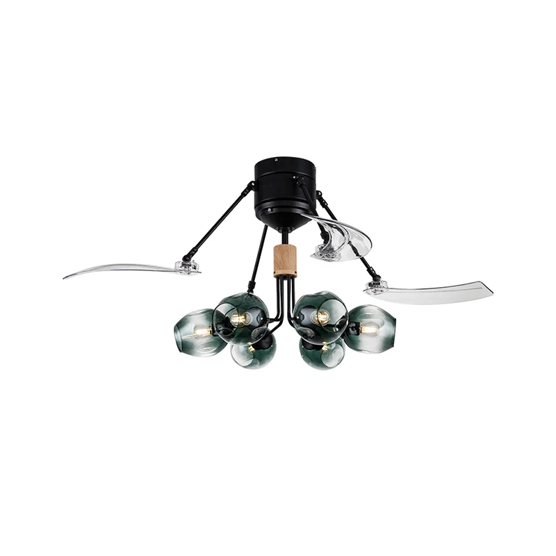 48" W Bud plafondventilator licht modernistisch groen ingedeukt glas 6 lampen zwarte semi-inbouwlamp met 3 heldere bladen...