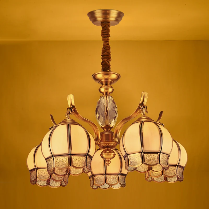 Bud Slaapkamer Plafondkroonluchter Koloniaal Matglas 5 Lichts Gouden Afwerking Hangende Hanglamp Clearhalo