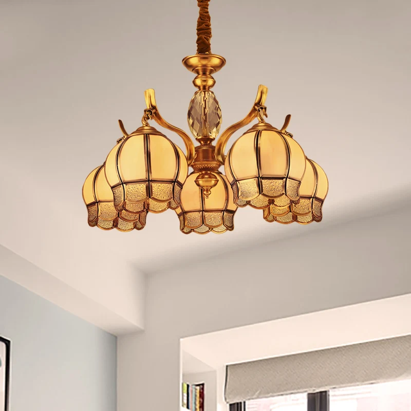 Bud Slaapkamer Plafondkroonluchter Koloniaal Matglas 5 Lichts Gouden Afwerking Hangende Hanglamp Clearhalo