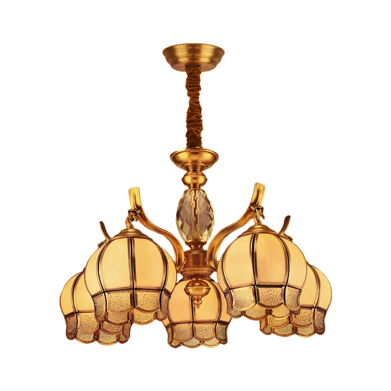 Bud Slaapkamer Plafondkroonluchter Koloniaal Matglas 5 Lichts Gouden Afwerking Hangende Hanglamp Clearhalo