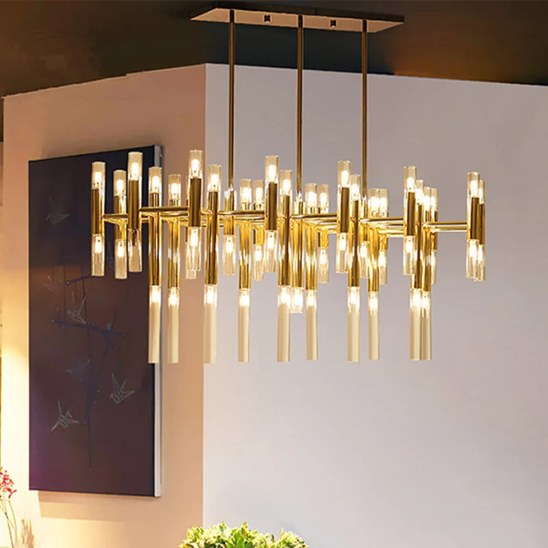 Buisvormige LED-eilandhanger Moderne metalen 54-lichts eetkamer plafondlamp goud Clearhalo