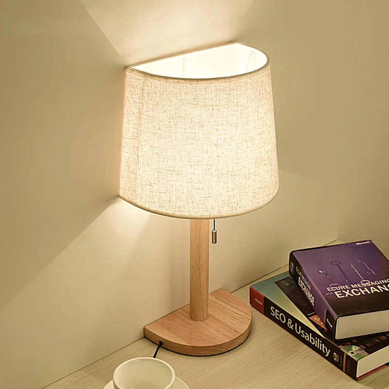 Bureaulamp van stof met halve cilinder, Aziatische stijl, enkele lichte houten leeslamp met trekketting Clearhalo