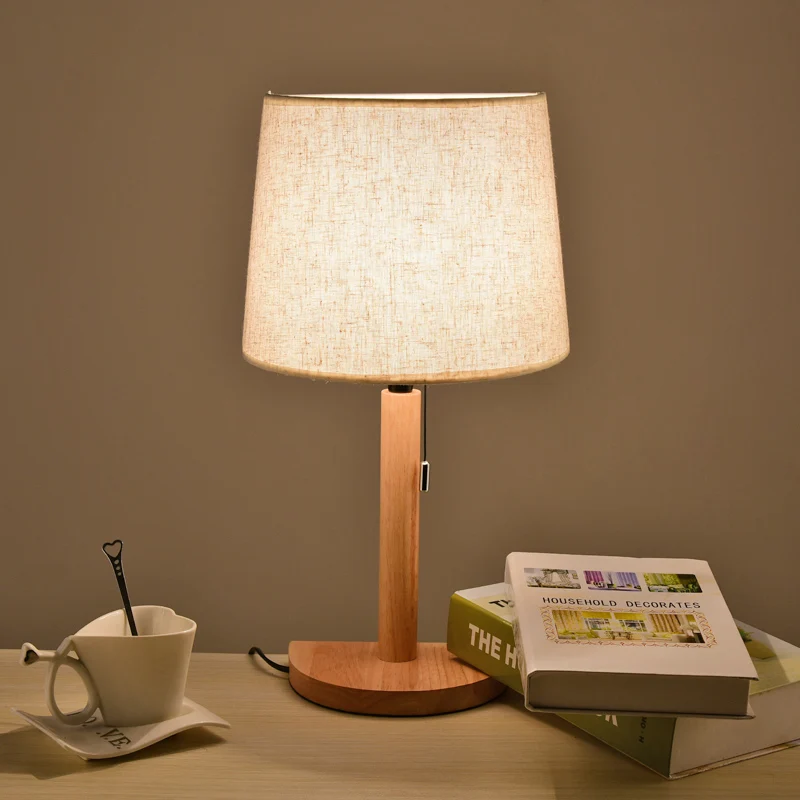 Bureaulamp van stof met halve cilinder, Aziatische stijl, enkele lichte houten leeslamp met trekketting Clearhalo