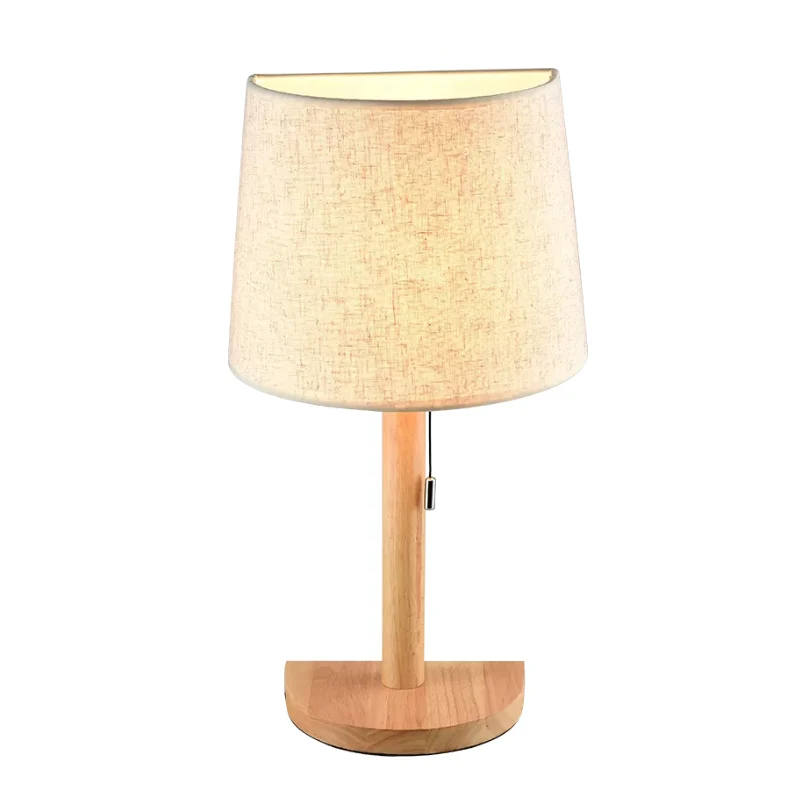 Bureaulamp van stof met halve cilinder, Aziatische stijl, enkele lichte houten leeslamp met trekketting Clearhalo