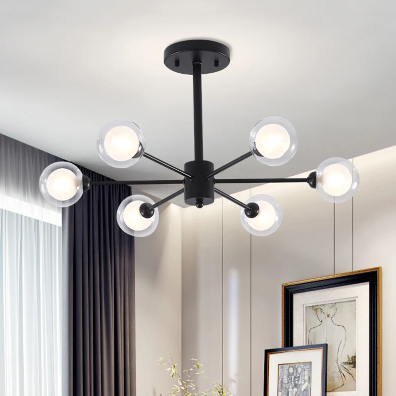 Burst kroonluchter licht modern metaal 6-lichts zwarte hanglamp met helder glazen kap Clearhalo