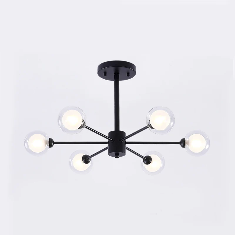 Burst kroonluchter licht modern metaal 6-lichts zwarte hanglamp met helder glazen kap Clearhalo