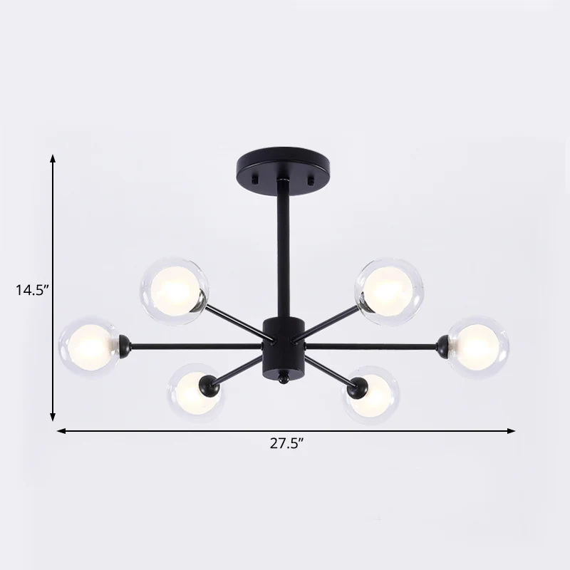 Burst kroonluchter licht modern metaal 6-lichts zwarte hanglamp met helder glazen kap Clearhalo