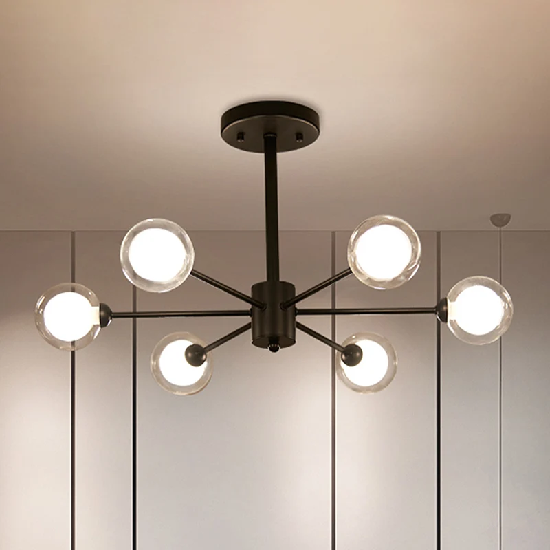 Burst kroonluchter licht modern metaal 6-lichts zwarte hanglamp met helder glazen kap Clearhalo