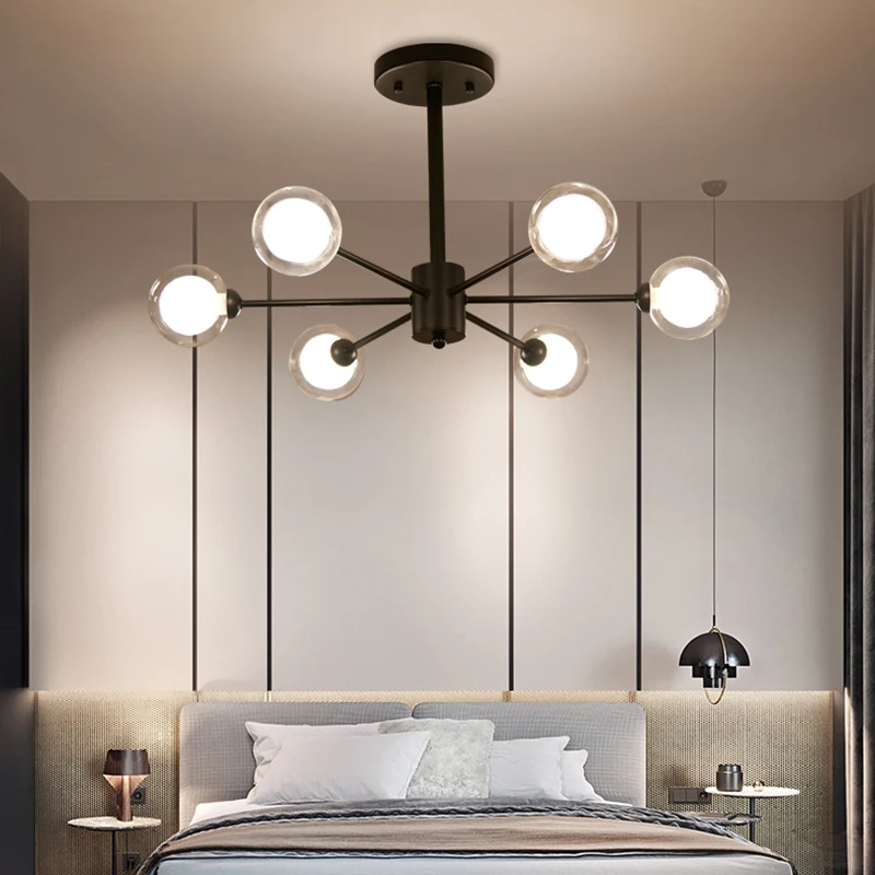 Burst kroonluchter licht modern metaal 6-lichts zwarte hanglamp met helder glazen kap Clearhalo