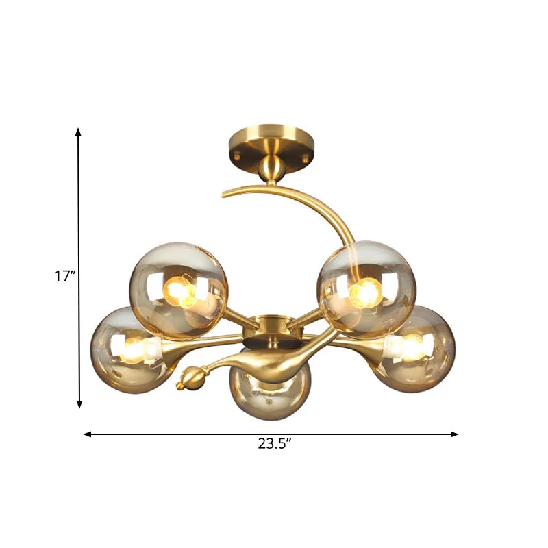 Burst semi-inbouw kroonluchter postmodern amberkleurig glas bol 3/5 koppen messing plafondmontage licht met gebogen arm bo...