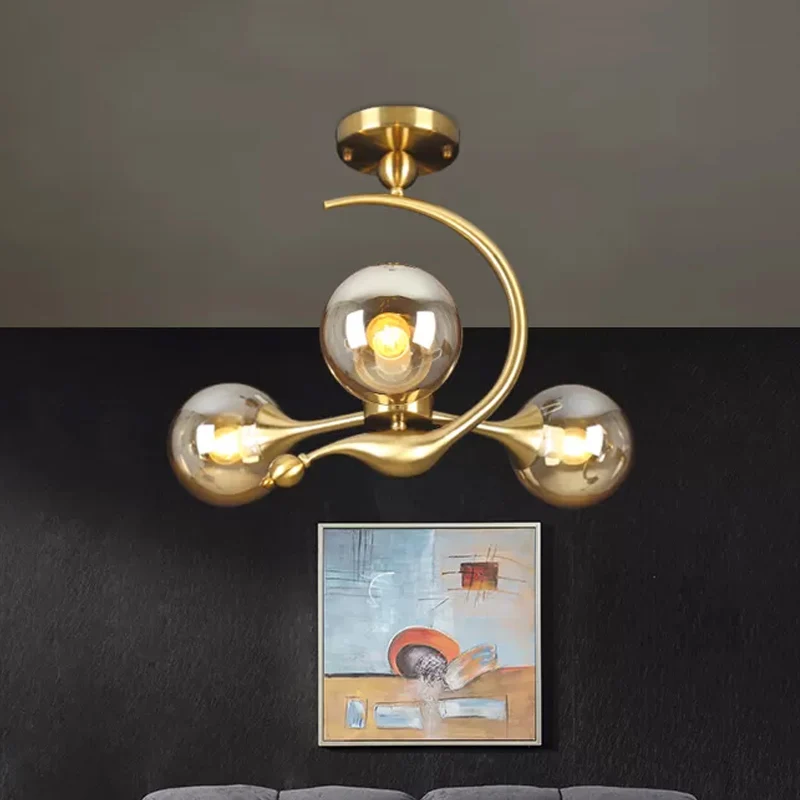 Burst semi-inbouw kroonluchter postmodern amberkleurig glas bol 3/5 koppen messing plafondmontage licht met gebogen arm bo...